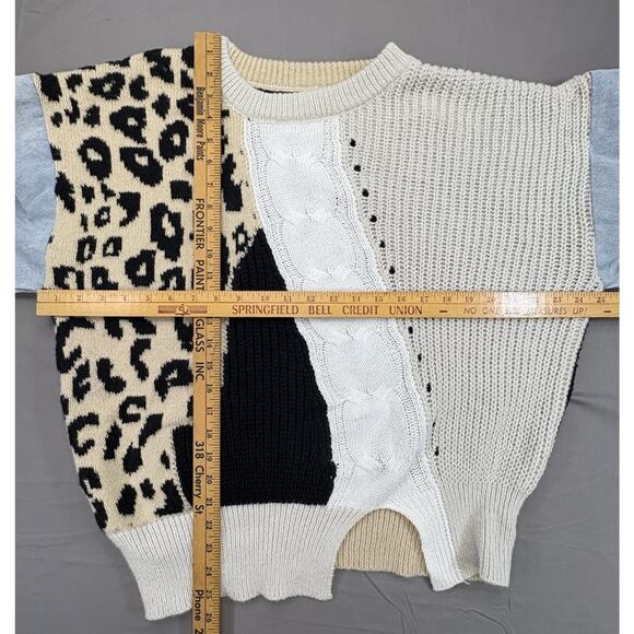 Bibi Retro Knit Sweater Colorblock Y2K Denim Patchwork Leopard Print Size LG - Picture 3 of 6